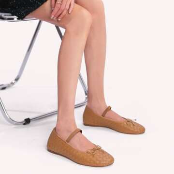 Riekhany Woven Ballet Flats for Women Almond Toe Mary Jane Flats Stretch Band Bow Ballerina Shoes Tan