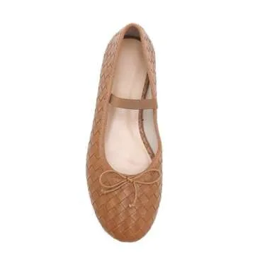 Riekhany Woven Ballet Flats for Women Almond Toe Mary Jane Flats Stretch Band Bow Ballerina Shoes Tan