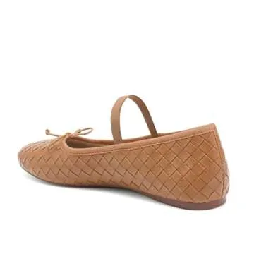 Riekhany Woven Ballet Flats for Women Almond Toe Mary Jane Flats Stretch Band Bow Ballerina Shoes Tan