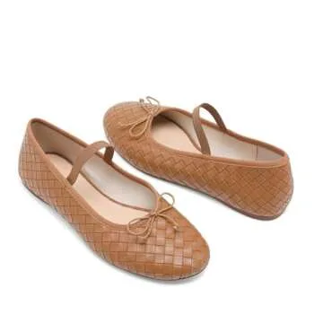Riekhany Woven Ballet Flats for Women Almond Toe Mary Jane Flats Stretch Band Bow Ballerina Shoes Tan