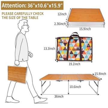 PLANEXPERT Folding Camping Table,3 Feet Portable Outdoor Table with Aluminum Legs,3 Fold Lightweight Beach Table with Handle,Camping Accessories for Home Picnic BBQ Garden Cooking