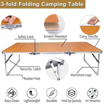 PLANEXPERT Folding Camping Table,3 Feet Portable Outdoor Table with Aluminum Legs,3 Fold Lightweight Beach Table with Handle,Camping Accessories for Home Picnic BBQ Garden Cooking