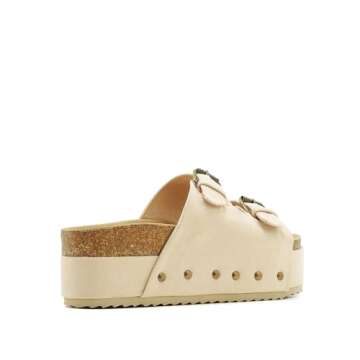 ATBELL Women's Cork Footbed Flatform Sandals Comfort Platform Slides Sandal with Dual Buckled Straps Open Toe Suede Clogs Fashion Studded Heeled Slippers Beige