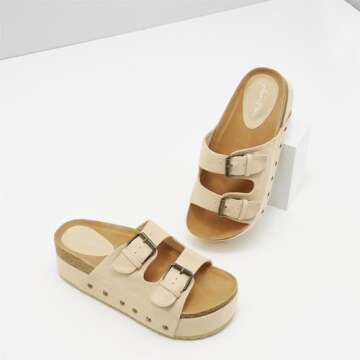 ATBELL Women's Cork Footbed Flatform Sandals Comfort Platform Slides Sandal with Dual Buckled Straps Open Toe Suede Clogs Fashion Studded Heeled Slippers Beige
