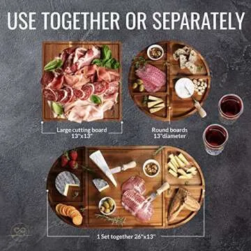 Synergy Loop Acacia Charcuterie Boards Large & Cheese Board - 3 Part Unique Long & Round Magnetic Charcuterie Board Gift Set - Acacia Wood Grazing Board Food - Wooden Serving Tray for Party - 26x13