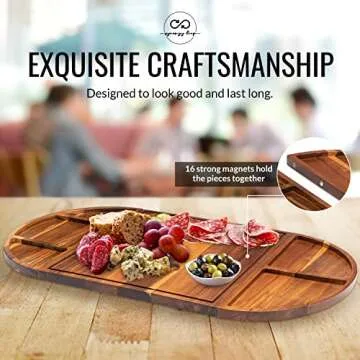 Synergy Loop Acacia Charcuterie Boards Large & Cheese Board - 3 Part Unique Long & Round Magnetic Charcuterie Board Gift Set - Acacia Wood Grazing Board Food - Wooden Serving Tray for Party - 26x13