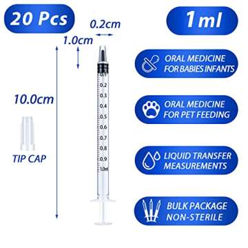20 Pack 1ml Syringe with Cap for Liquid, 1cc Plastic Small Syringes with Cover, Non-Sterile, No Need...