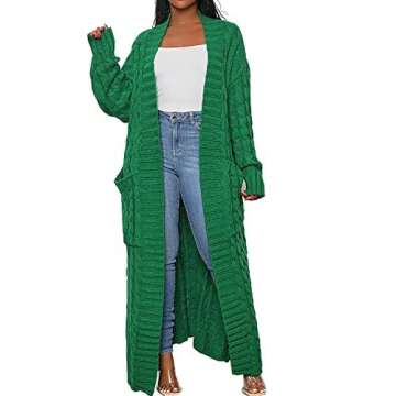 DIVOSEKY Stylish Cable Knit Dual Pocket Cardigan, Yellow Extra Long Ankle Length Floor Trending Maxi Cardigans for Women (Green,L)