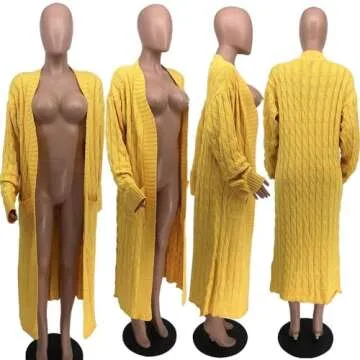 DIVOSEKY Stylish Cable Knit Dual Pocket Cardigan, Yellow Extra Long Ankle Length Floor Trending Maxi Cardigans for Women (Green,L)