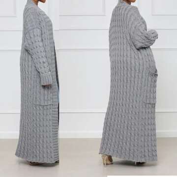 DIVOSEKY Stylish Cable Knit Dual Pocket Cardigan, Yellow Extra Long Ankle Length Floor Trending Maxi Cardigans for Women (Green,L)