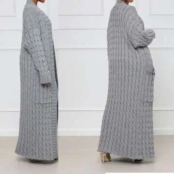 DIVOSEKY Stylish Cable Knit Dual Pocket Cardigan, Yellow Extra Long Ankle Length Floor Trending Maxi Cardigans for Women (Green,L)