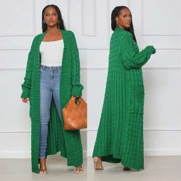 DIVOSEKY Stylish Cable Knit Dual Pocket Cardigan, Yellow Extra Long Ankle Length Floor Trending Maxi Cardigans for Women (Green,L)