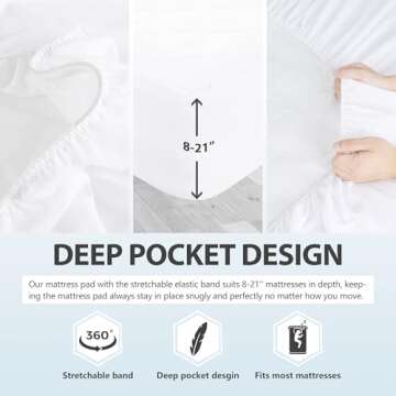 Full Size Quilted Fitted Mattress Pad, Waterproof Breathable Soft Mattress Protector, Deep Pocket Fitted Style Bed Cover, Vinyl-Free
