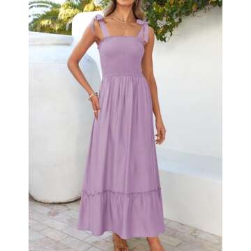 ZESICA Women's 2025 Summer Boho Spaghetti Strap Square Neck Solid Color Ruffle A Line Beach Long Max...