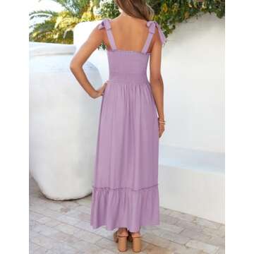ZESICA Women's 2025 Summer Boho Spaghetti Strap Square Neck Solid Color Ruffle A Line Beach Long Maxi Dress,Lavender,Small