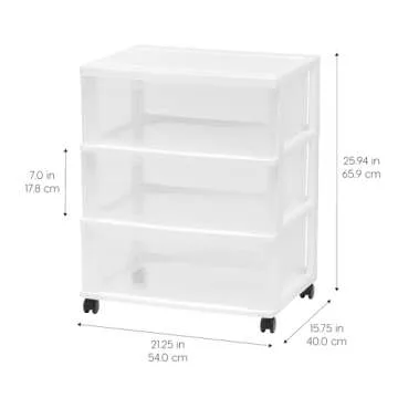 IRIS USA Plastic Drawer Storage Organizer Rolling Cart, with Wheels Casters, 3-Drawers, for Classroom Art Craft Supplies Dresser Closet Bathroom Dorm Bedroom Laundry Room, Wide, White/Clear