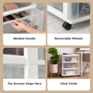 IRIS USA Plastic Drawer Storage Organizer Rolling Cart, with Wheels Casters, 3-Drawers, for Classroom Art Craft Supplies Dresser Closet Bathroom Dorm Bedroom Laundry Room, Wide, White/Clear