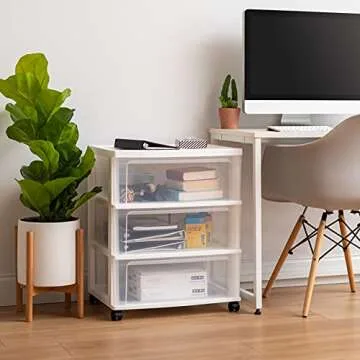 IRIS USA Plastic Drawer Storage Organizer Rolling Cart, with Wheels Casters, 3-Drawers, for Classroom Art Craft Supplies Dresser Closet Bathroom Dorm Bedroom Laundry Room, Wide, White/Clear