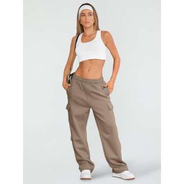 AUTOMET Womens Cargo Sweatpants Wide Leg Fleece Lined Y2k Pants Fall Winter Baggy Joggers with Pockets, CoffeeGrey, XL