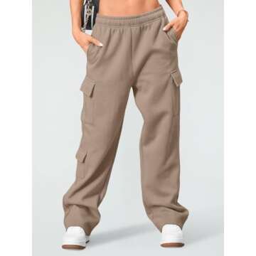 AUTOMET Womens Cargo Sweatpants Wide Leg Fleece Lined Y2k Pants Fall Winter Baggy Joggers with Pockets, CoffeeGrey, XL