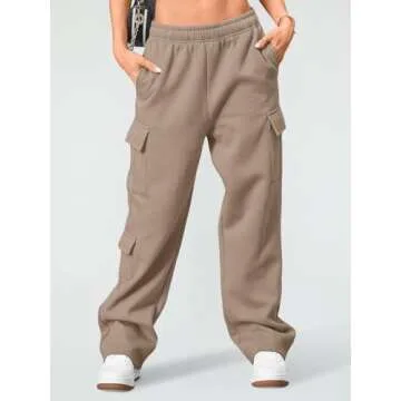 AUTOMET Womens Cargo Sweatpants Wide Leg Fleece Lined Y2k Pants Fall Winter Baggy Joggers with Pockets, CoffeeGrey, XL