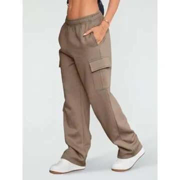 AUTOMET Womens Cargo Sweatpants Wide Leg Fleece Lined Y2k Pants Fall Winter Baggy Joggers with Pockets, CoffeeGrey, XL