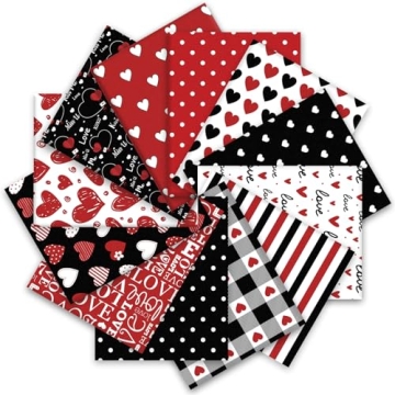 Whaline 12Pcs Valentine's Day Cotton Fabric Bundles Red Black Love Heart Fat Quarter Romantic Quilti...