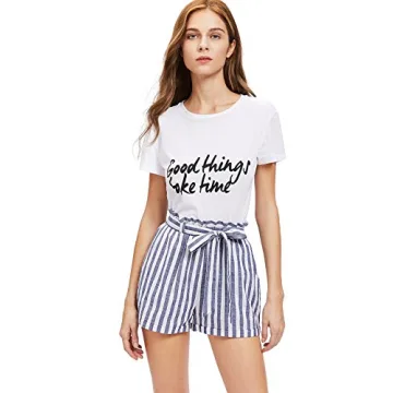 SweatyRocks Women's Stylish Blue White Striped Summer Shorts