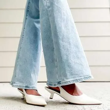 JENN ARDOR White Kitten Heels Low Heeled Dressy Kitty Slingback Pumps for Women Going Out Short Sandals Fashion Casual Bridal Shoes Size 7.5