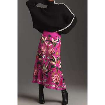 Buy THLAI Women's Midi Skirt Tropical Plant Print Rose Pink