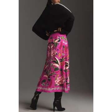 Buy THLAI Women's Midi Skirt Tropical Plant Print Rose Pink