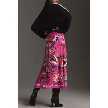 Buy THLAI Women's Midi Skirt Tropical Plant Print Rose Pink