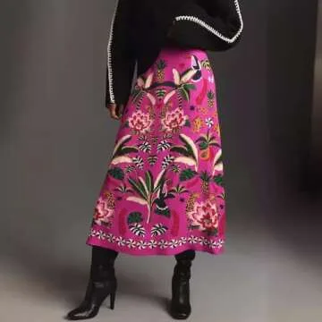 Buy THLAI Women's Midi Skirt Tropical Plant Print Rose Pink