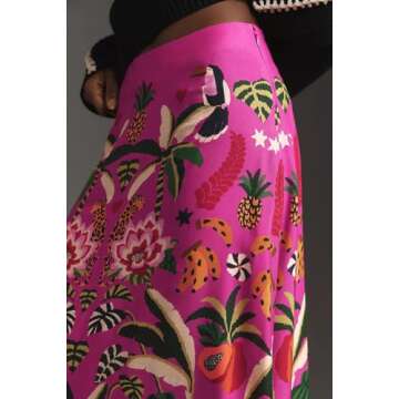 Buy THLAI Women's Midi Skirt Tropical Plant Print Rose Pink