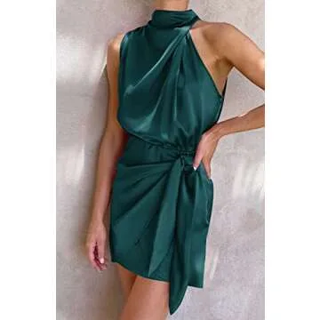 ZESICA Women's 2025 Fashion Satin Sleeveless Halter Neck Tie Waist Wrap Bodycon Cocktail Party Mini ...