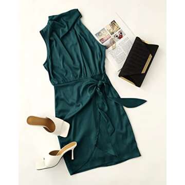 ZESICA Women's 2025 Fashion Satin Sleeveless Halter Neck Tie Waist Wrap Bodycon Cocktail Party Mini Dress,EmeraldGreen,X-Large
