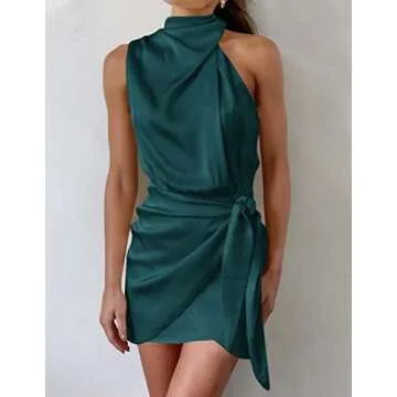 ZESICA Women's 2025 Fashion Satin Sleeveless Halter Neck Tie Waist Wrap Bodycon Cocktail Party Mini Dress,EmeraldGreen,X-Large