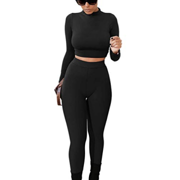 GOKATOSAU Women's Sexy 2 Piece Outfits Long Sleeve Crop Top Pants Set Club Jumpsuits Black