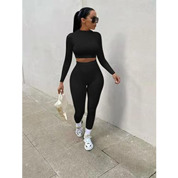 GOKATOSAU Women's Sexy 2 Piece Outfits Long Sleeve Crop Top Pants Set Club Jumpsuits Black