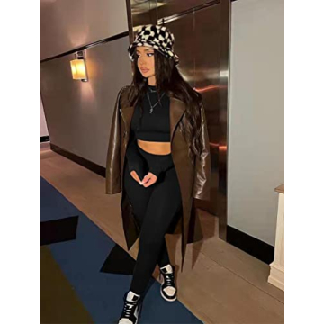 GOKATOSAU Women's Sexy 2 Piece Outfits Long Sleeve Crop Top Pants Set Club Jumpsuits Black