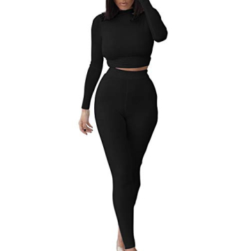 GOKATOSAU Women's Sexy 2 Piece Outfits Long Sleeve Crop Top Pants Set Club Jumpsuits Black