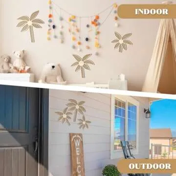 Lineshading 3 Pcs Wooden Rattan Palm Tree Wall Decor Monstera Leaf Wooden Wall Art Boho Wall Decor Tropical Plant Rattan Wall Decor for Home Bathroom Decor(Palm Tree)