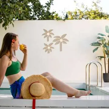 Lineshading 3 Pcs Wooden Rattan Palm Tree Wall Decor Monstera Leaf Wooden Wall Art Boho Wall Decor Tropical Plant Rattan Wall Decor for Home Bathroom Decor(Palm Tree)