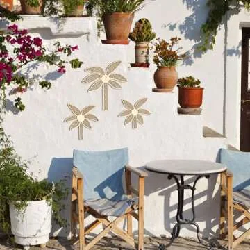 Lineshading 3 Pcs Wooden Rattan Palm Tree Wall Decor Monstera Leaf Wooden Wall Art Boho Wall Decor Tropical Plant Rattan Wall Decor for Home Bathroom Decor(Palm Tree)