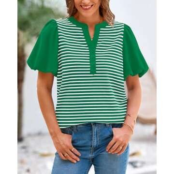 BTFBM 2025 Women's Summer Puff Short Sleeve Tops V Neck Casual Button Up Striped Tee Shirts Loose Co...