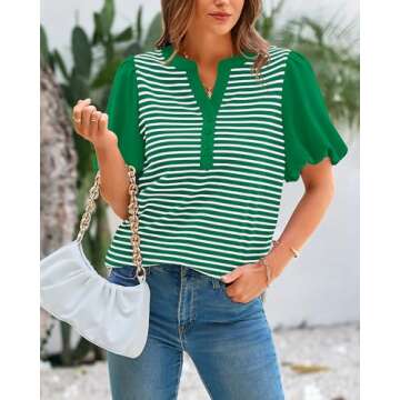 BTFBM 2025 Women's Summer Puff Short Sleeve Tops V Neck Casual Button Up Striped Tee Shirts Loose Color Block Blouse(Green, Large)