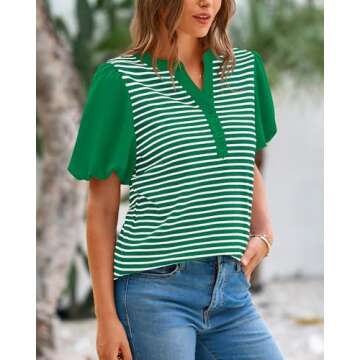 BTFBM 2025 Women's Summer Puff Short Sleeve Tops V Neck Casual Button Up Striped Tee Shirts Loose Color Block Blouse(Green, Large)