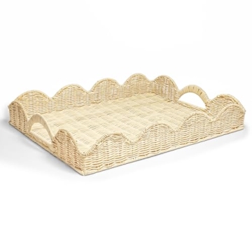 Scalloped Edge Rattan Tray Basket – Elegant & Durable Woven Serving Tray with Handles