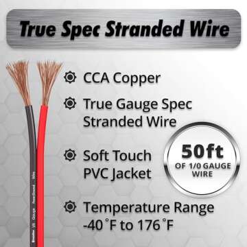 InstallGear 1/0 Gauge Wire (50ft) Copper Clad Aluminum CCA - Battery Cable, Car Amplifier Power and ...