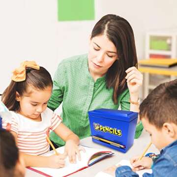 Pencil Dispenser Holder Blue Stainless Steel Dispenser for Pencils with 6 Beautiful stickers for Decoration Metal Pencil Dispenser for Classroom Home Office Teachers Students (Pencils Not Included)